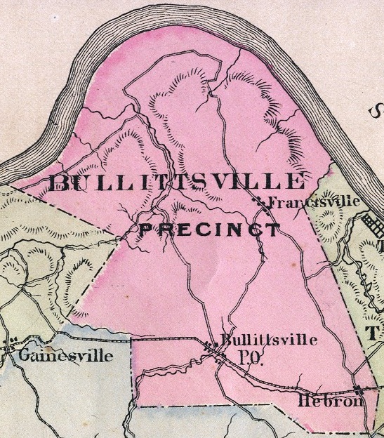 A clipped portion of the map of Boone County showing the Bullittsville  Precinct from 'An Atlas of  Boone, Kenton and Campbell Counties, Kentucky', 1883