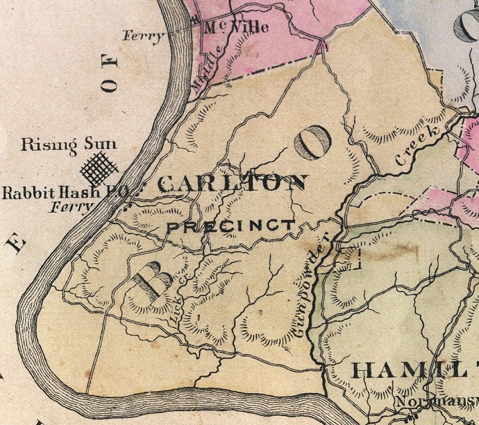 A clipped portion of the map of Boone County showing the Carlton Precinct from 'An Atlas of  Boone, Kenton and Campbell Counties, Kentucky', 1883